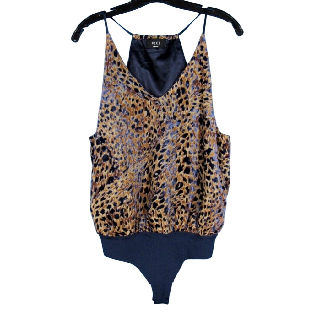 VICI Blue/Brown LEOPARD Satin Lined VELVET BURNOUT V-Neck BODYSUIT TANK TOP sz S